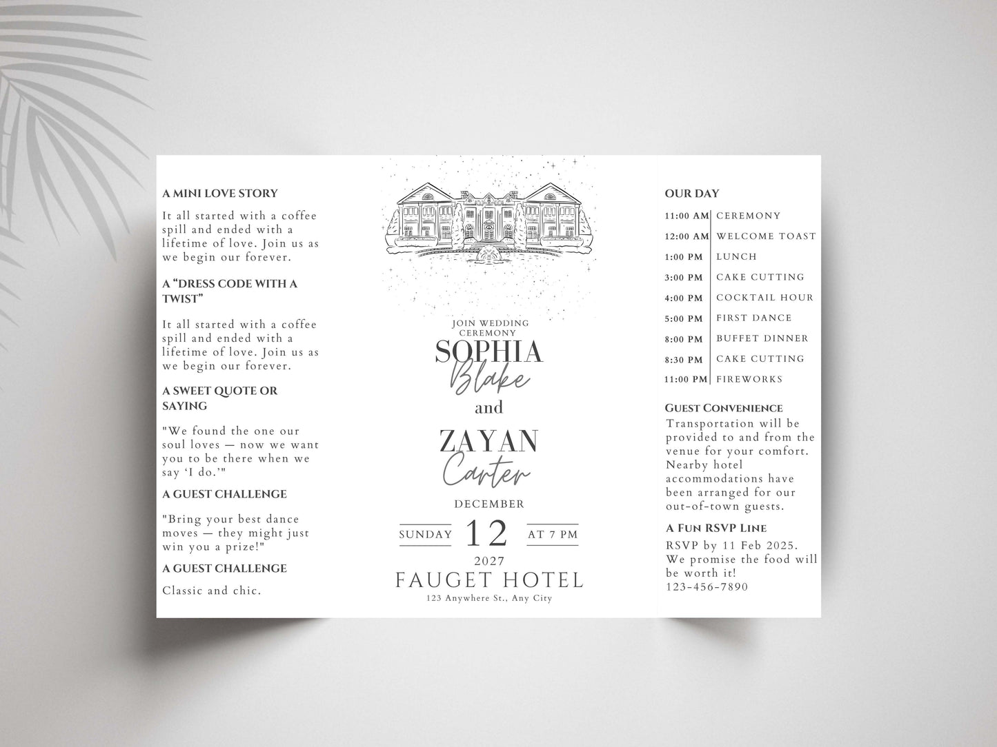 Minimalist Wedding Invitation Fold Card | Elegant Modern Wedding Timeline & Details | Printable or Printed Invite. WIB129
