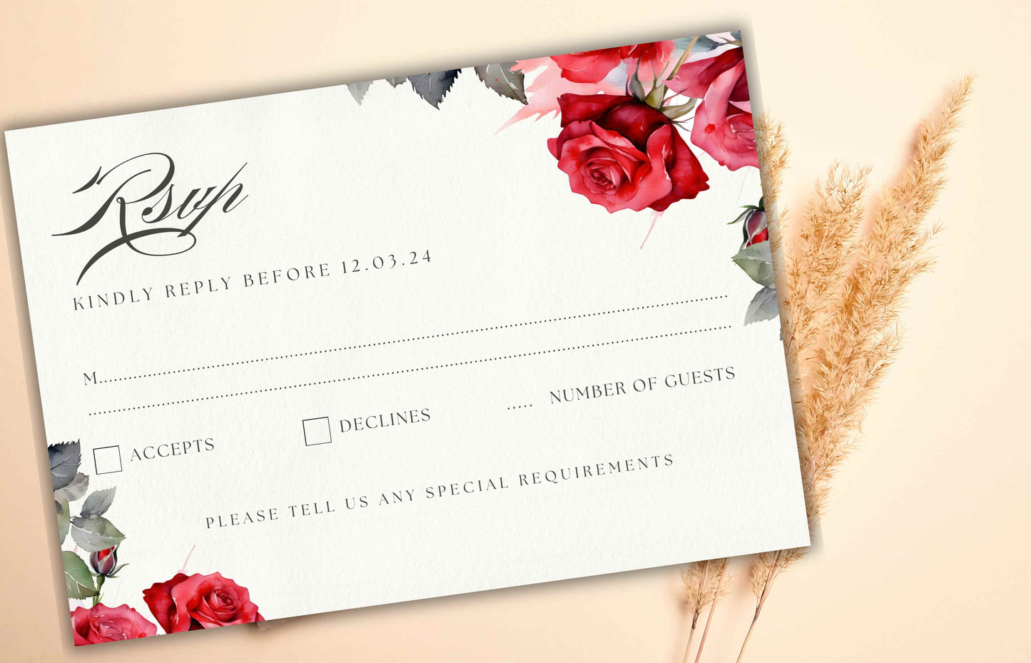Wedding Invitation Set, Editable Red Rose Wedding , Wedding Invitation Template, Floral Invitation, Reception Card, RSVP Card, Details. WT35