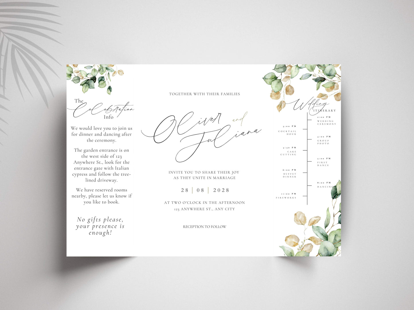 Gatefold Wedding Invitation Template | Green Folded Invite | Printable Ceremony Card | Modern Wedding Schedule Design. WIB127