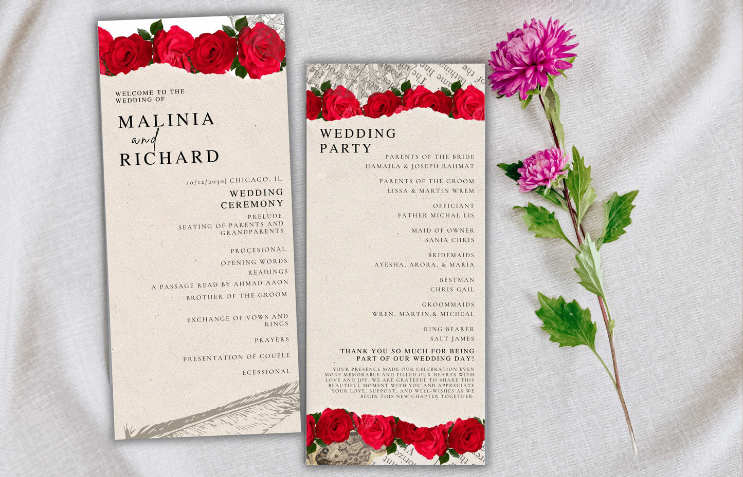 Elegant Wedding Program Template, Modern Ceremony Service Program, Editable Ceremony Program, DIY Customizable Card, Easy-to-Edit Text.WE115