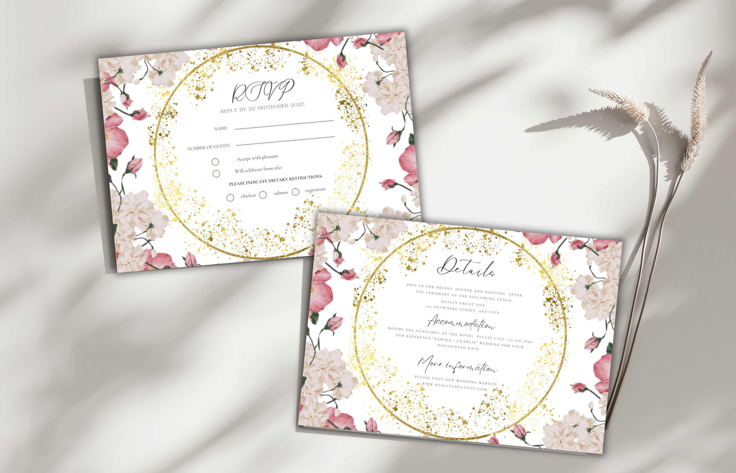 Pink Rose Wedding Invitation, Gold Frame wedding invitation template suite, Editable Rsvp, invitation template, Wedding Invites. WE119