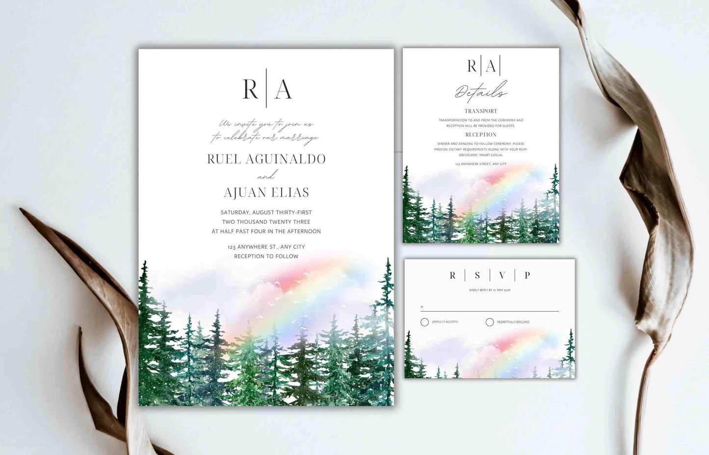 Pine tree Wedding Invitation Template, Editable Template, Greenery Eucalyptus Invitation Suite, Wedding Invites Template Editable. WI106 - A1 Majestic
