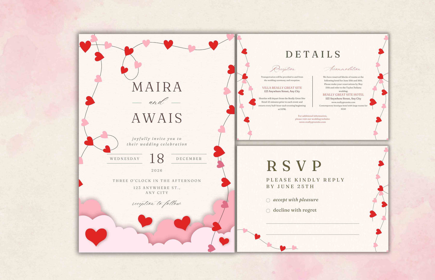 Romantic Wedding Invitation Template, Wedding Invitations Valentine Suite, RSVP, Detail Card, Red Hearts Invitation, Pink Heart Invite. WI97