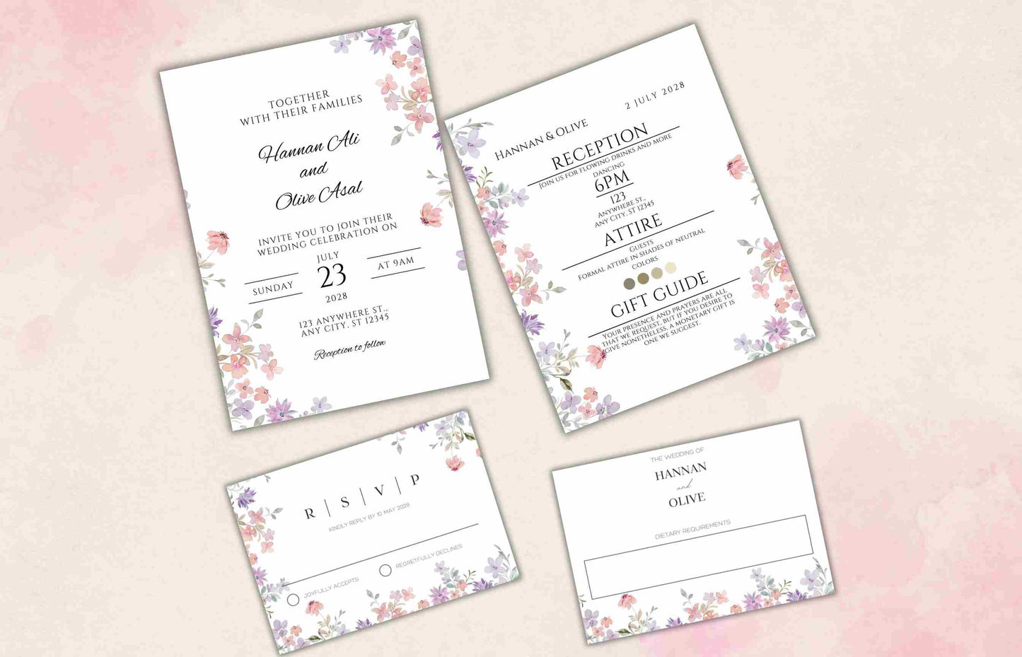 Wildflower Wedding Invitation Template, Printable Wedding Invitation, Pink and purple Invitation, Wedding Suite, RSVP, Details. WI101 - A1 Majestic