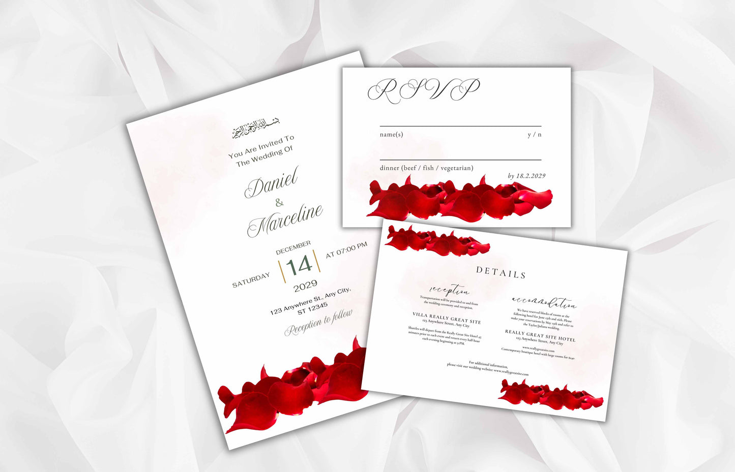 Red Rose Patels Wedding Invitation Template with RSVP, Details Card, Wedding Invitation Roses, Wedding Invites. B60
