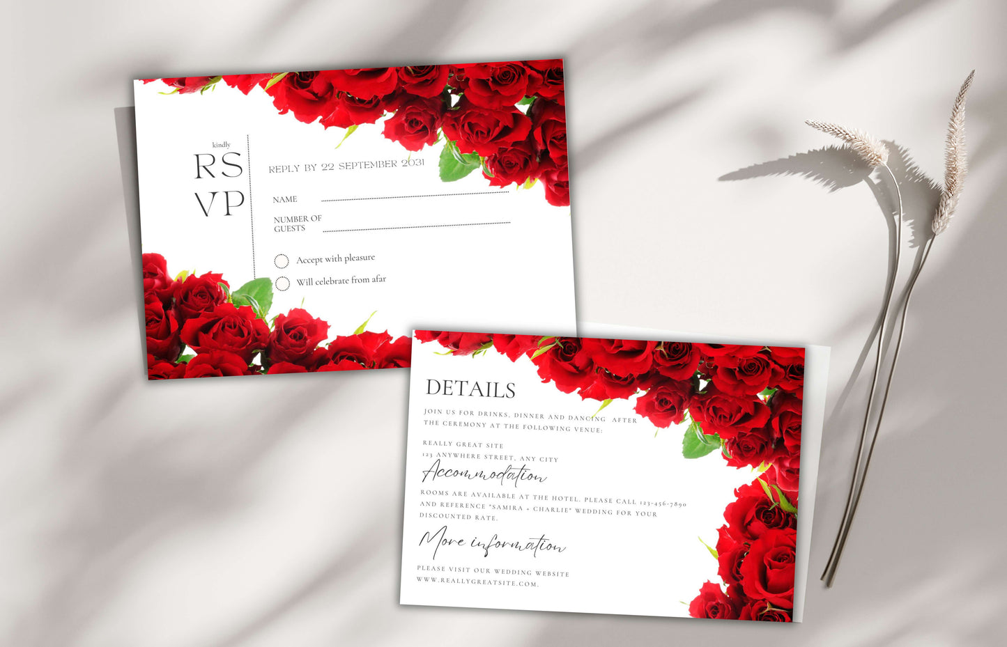 Red Rose Wedding Invitation set, Red Rose floral wedding invitation, Red Roses wedding invitation set, Editable Rsvp, Detail Card. WI120