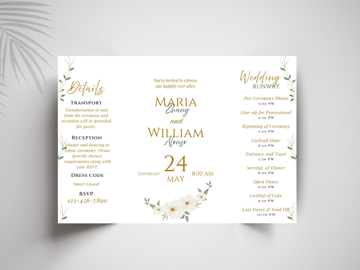 Elegant Gatefold Wedding Invitation Template | Floral Folded Invite | Printable Ceremony Card | Modern Wedding Schedule. WIB126