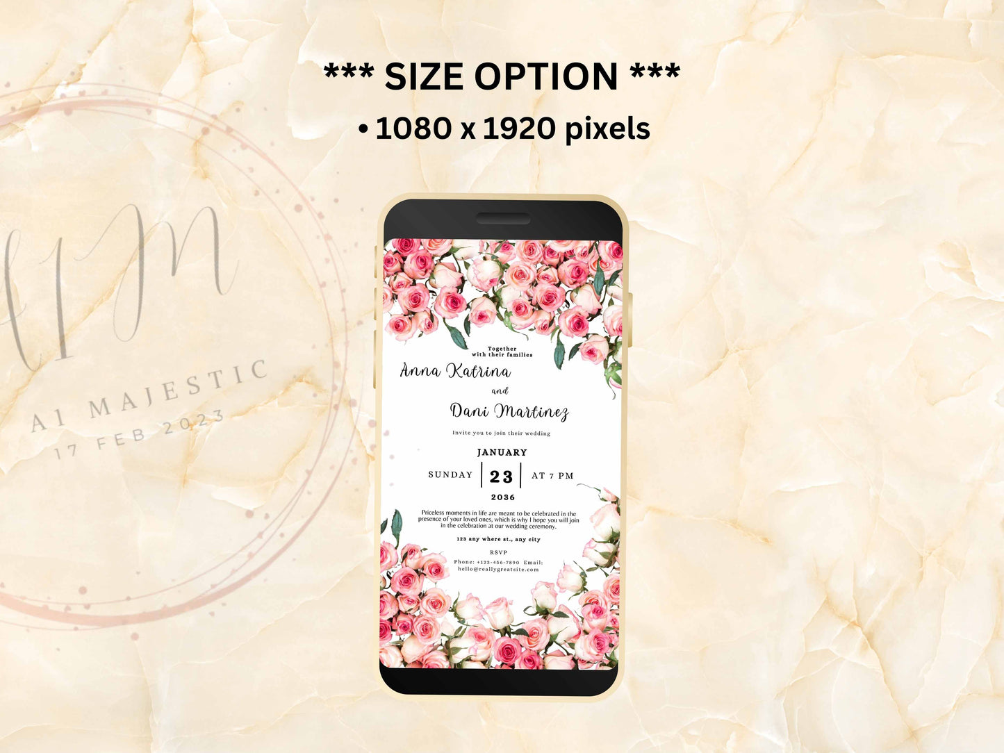 Pink Rose Wedding Evite Template, Electronic Wedding Invitation, Pink Rose video Wedding Invitation, Mobile Phone Invite. WEIB22