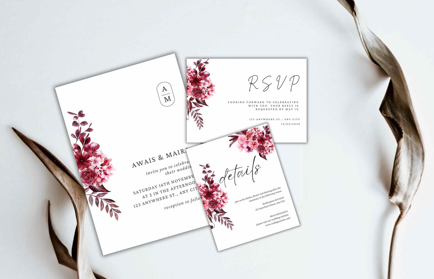 Wedding Invitation Suite, Maroon Wedding Invite Set, Editable Rsvp Card Template, 3 Piece Invitation Bundle, Details Card, WI108