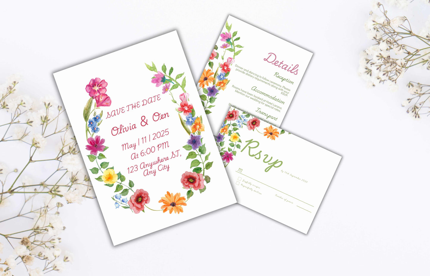 Pink Floral Wedding Invitation Template, Summer Wedding Invitation Suite, Botanical Invitation, Instant Download. WSB63