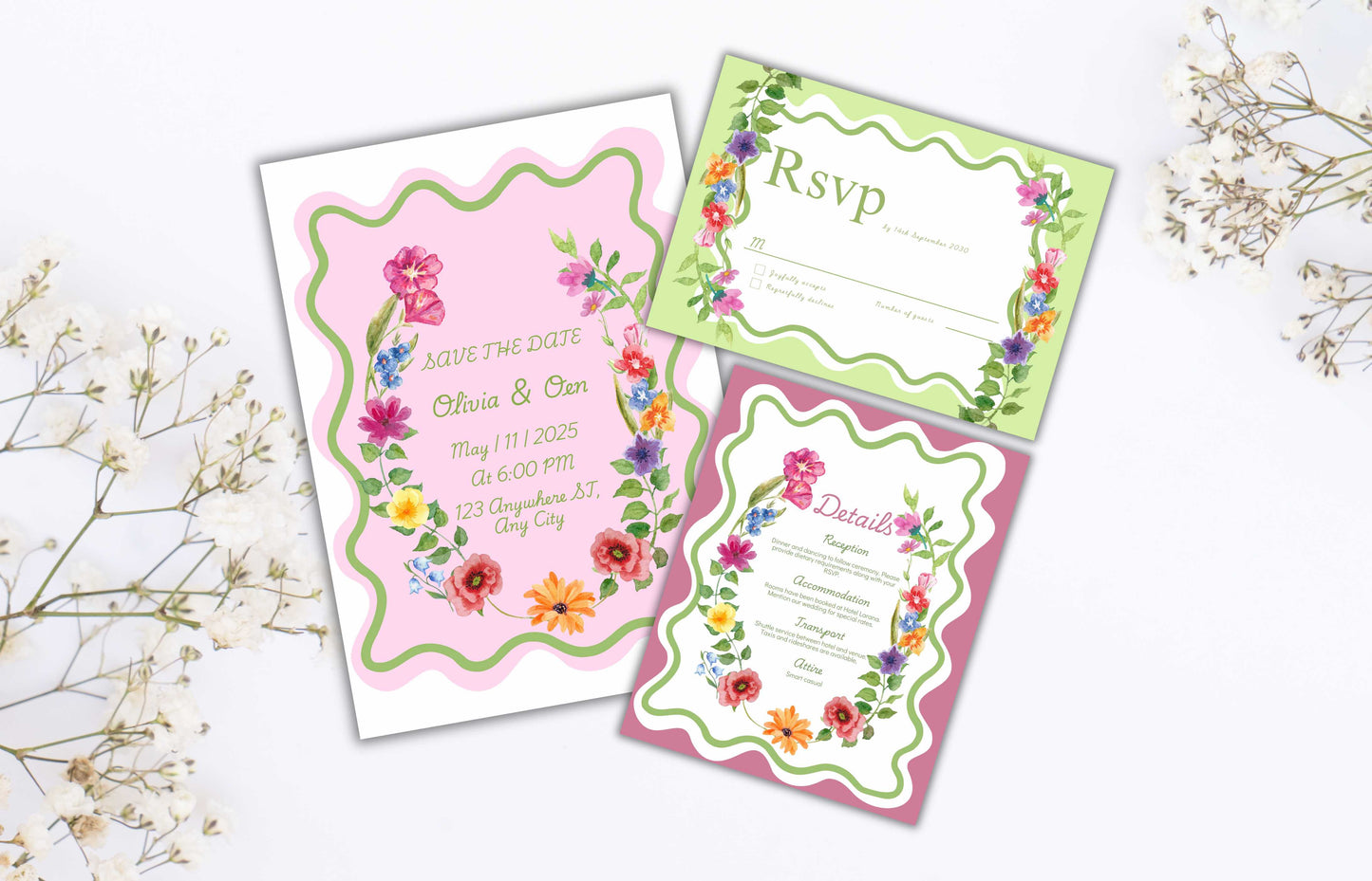 Pink Floral Wedding Invitation Template, Summer Wedding Invitation Suite, Botanical Invitation, Instant Download. WSB62