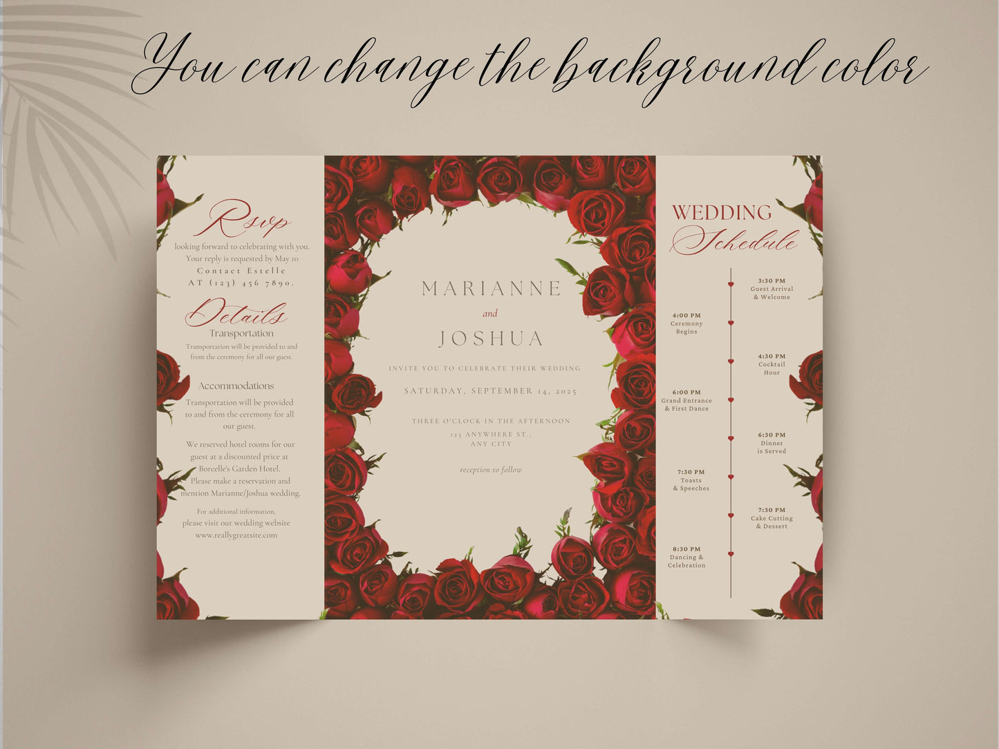 Elegant Red Rose Gatefold Wedding Invitation | Romantic Floral Wedding Card | Printable Wedding Invite with Schedule & RSVP. WI139