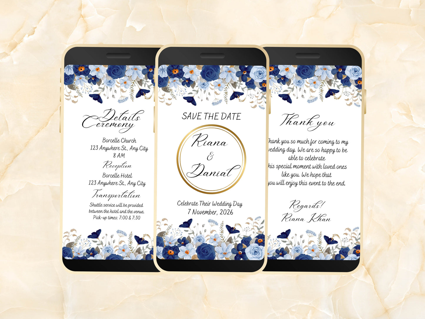 Wedding Invitation, Electronic Wedding Invite, Digital Download, Blue Floral Wedding Evite, Templett. WEIB90