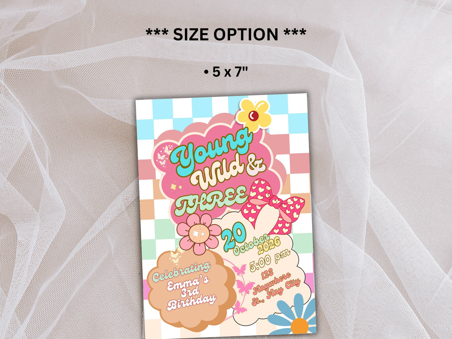 Editable Young wild and three Groovy Birthday Invitation EDITABLE Girl Daisy Rainbow Groovy 3rd Invite Hippie Party Template Instant. WEIB86