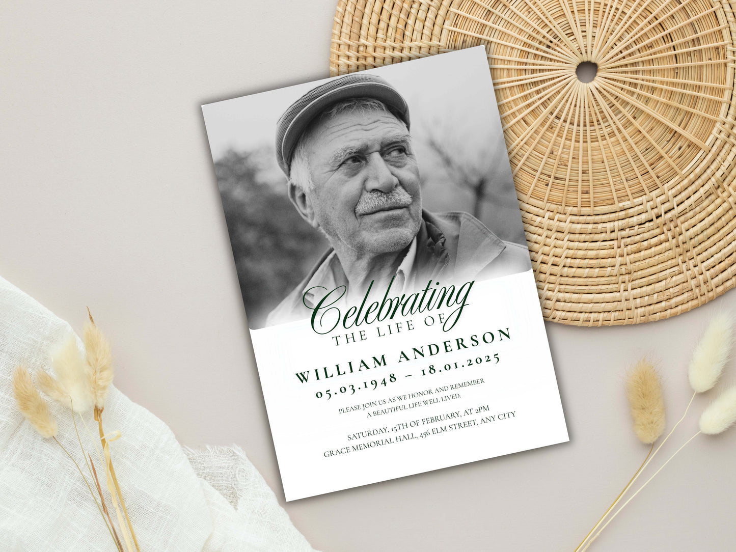 Funeral Invitation Template | Celebration of Life Memorial Card | 5x7 & Mobile Digital Download | Editable Obituary Invite | WEI91