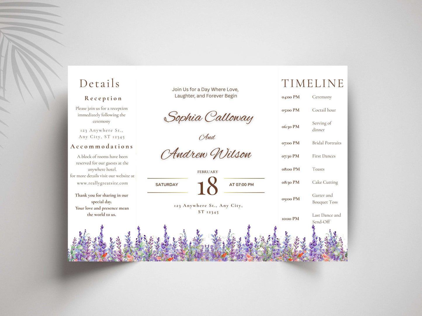 Elegant Floral Wedding Invitation with Timeline & Details | Purple Lavender Watercolor Template | Printable Reception Card. WIB130