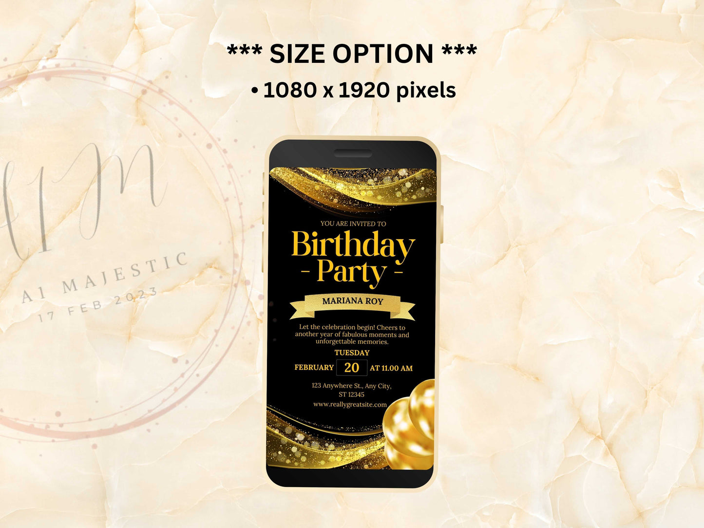 Electronic Digital Birthday Invitation, Birthday Invite, Birthday Invitation Balloon Gold Foil, Birthday Invitation for Girl. WEI41