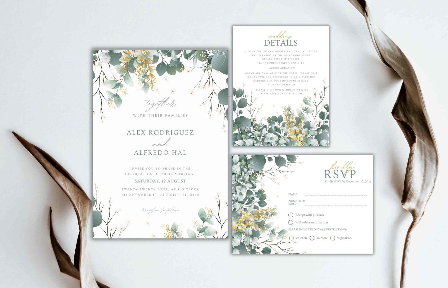 Sage Green Wedding Invitation Template, Editable Template, Greenery Eucalyptus Invitation Suite, Wedding Invites Template Editable. WI104 - A1 Majestic