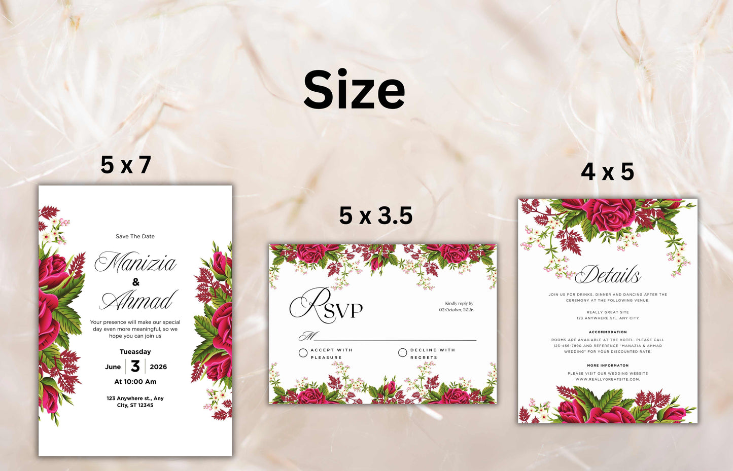 Floral Wedding Invitation Set Template, Printable Hot Pink Rose Wedding Invite Suite, Boho Wedding Template, RSVP Card, Details Card. WIB73