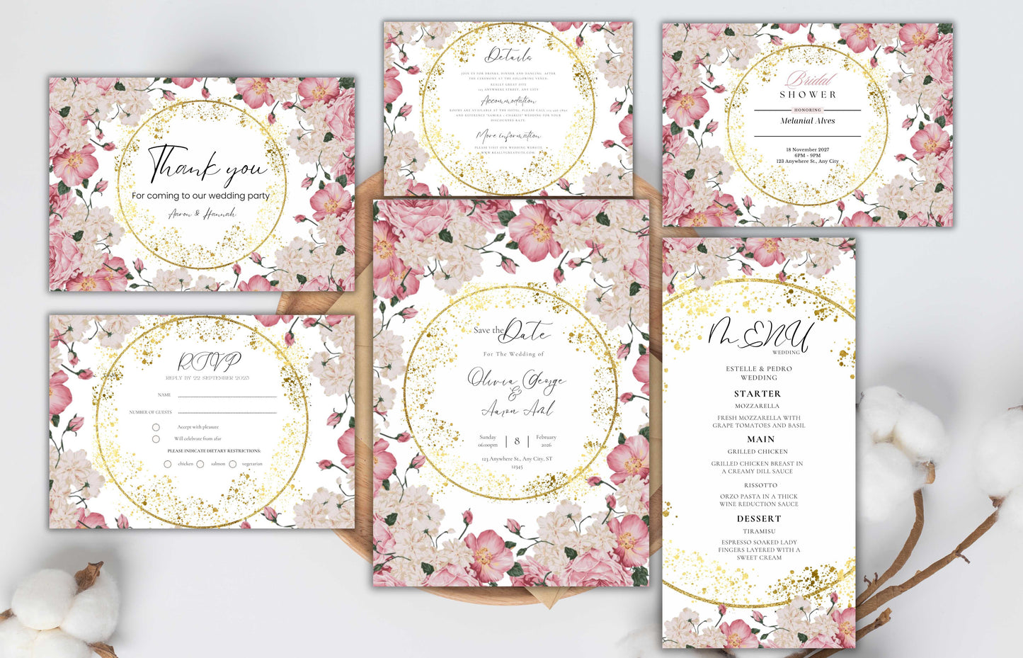 Pink Rose Wedding Invitation Bundle, RSVP, Thank You Card, Pink Rose Bridal Shower, Floral Suite, Party Menu, Details Card, Template, WB2