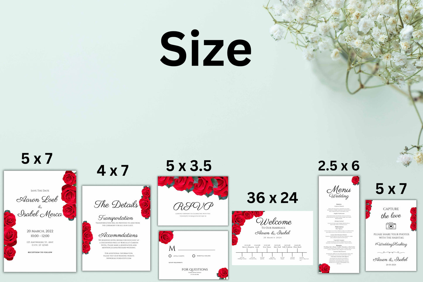 Red Rose Wedding Invitation set, Red Rose RSVP, Welcome Sign, Elegant Red Rose Wedding Timeline, Details Editable, Menu Card, WC40