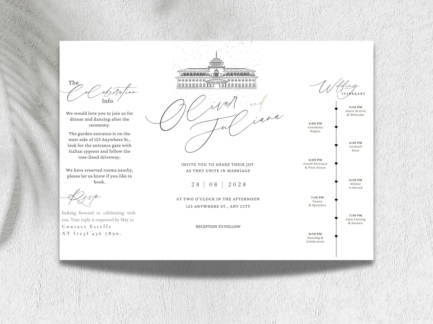 Elegant Gatefold Wedding Invitation | Modern Black & White Folded Invite | Printable Wedding Suite | RSVP and Itinerary Template. WI135