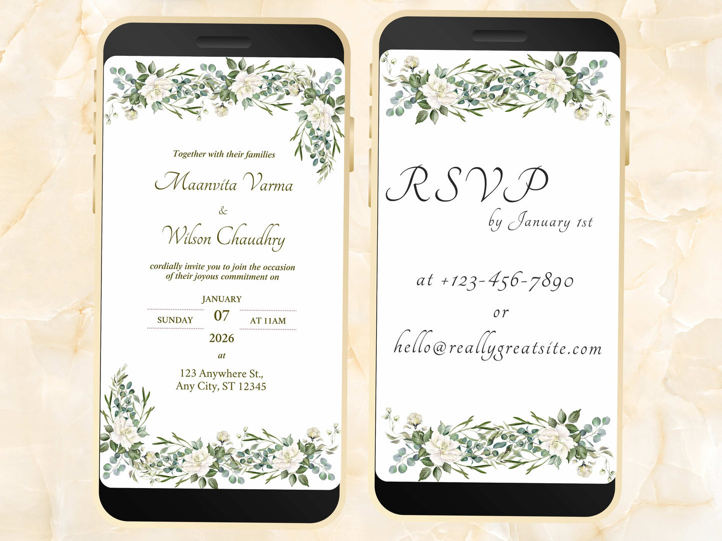 White Wedding Invitation, Online Invitation Template, White E-Invite, RSVP Invitation, Digital White Rose Wedding Invitation. WEIB35