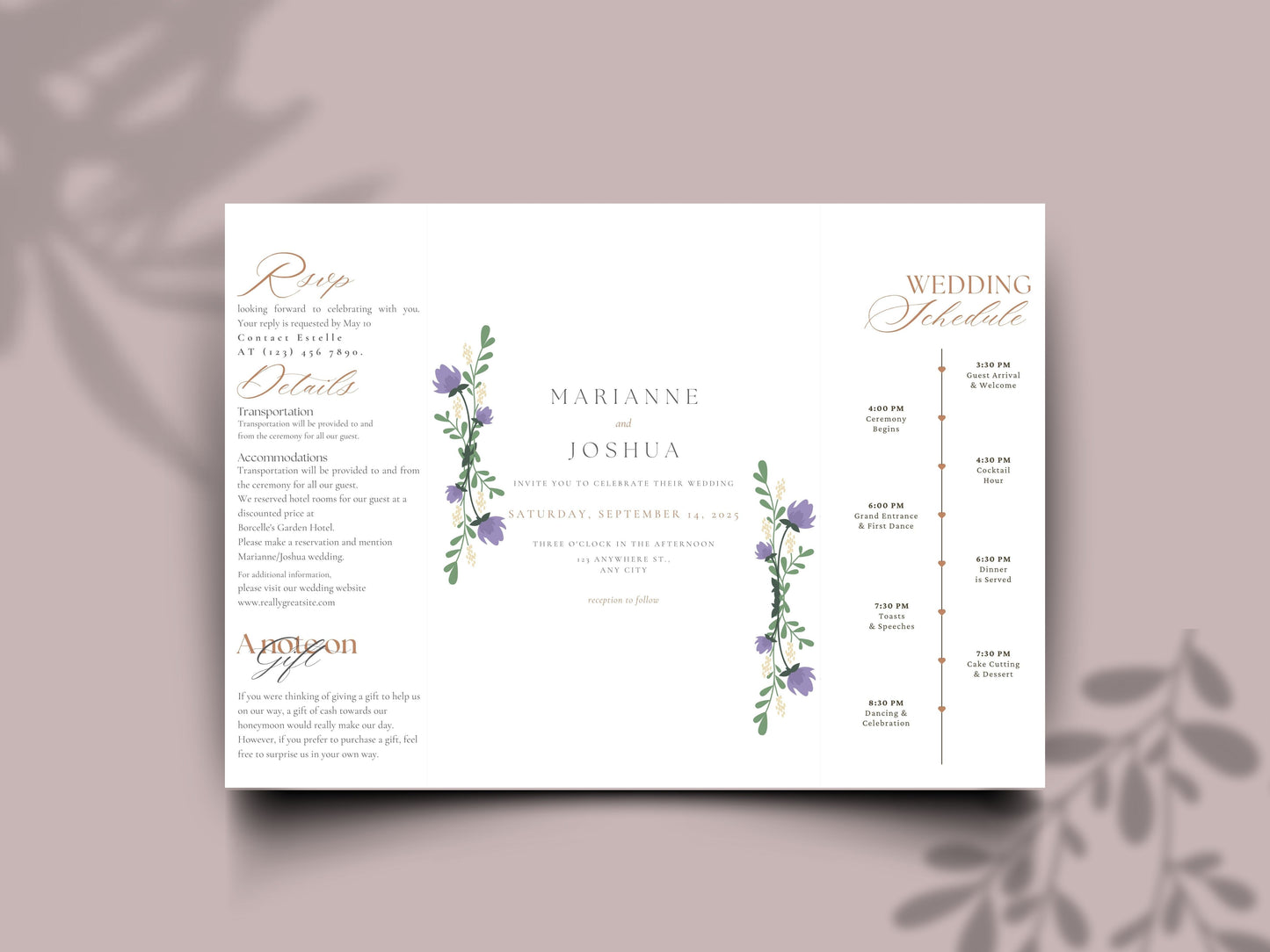 Elegant Floral Gatefold Wedding Invitation with Timeline | Rustic Folded Wedding Card | Botanical RSVP Invite | Digital WIB124