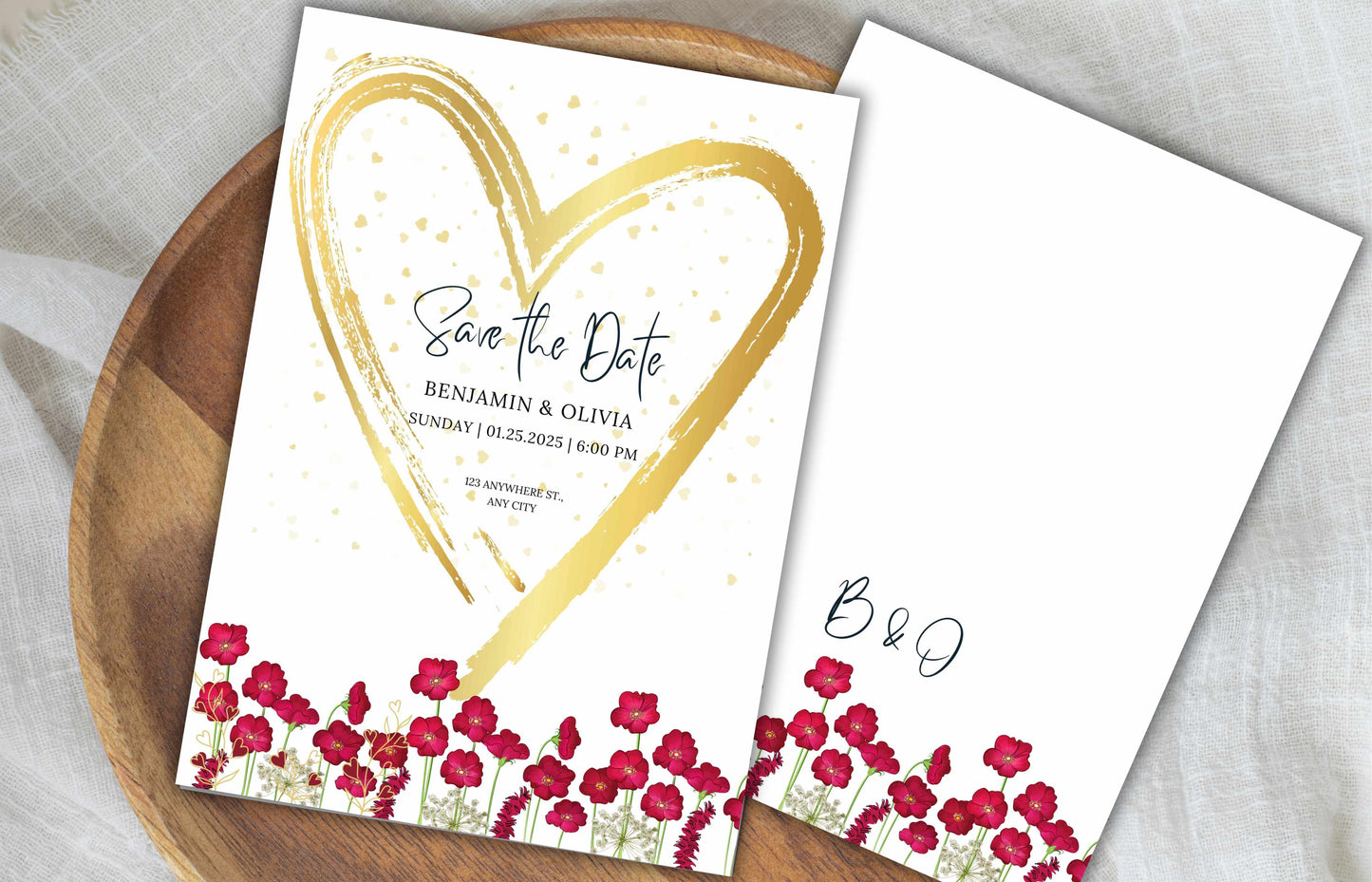 Wedding Invitation Template, Pink Wild Flower Wedding Invitation, Gold Heart Wedding Card, Romantic marriage Invitation, Editable BV61