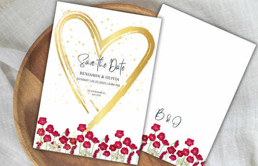 Wedding Invitation Template, Pink Wild Flower Wedding Invitation, Gold Heart Wedding Card, Romantic marriage Invitation, Editable BV61