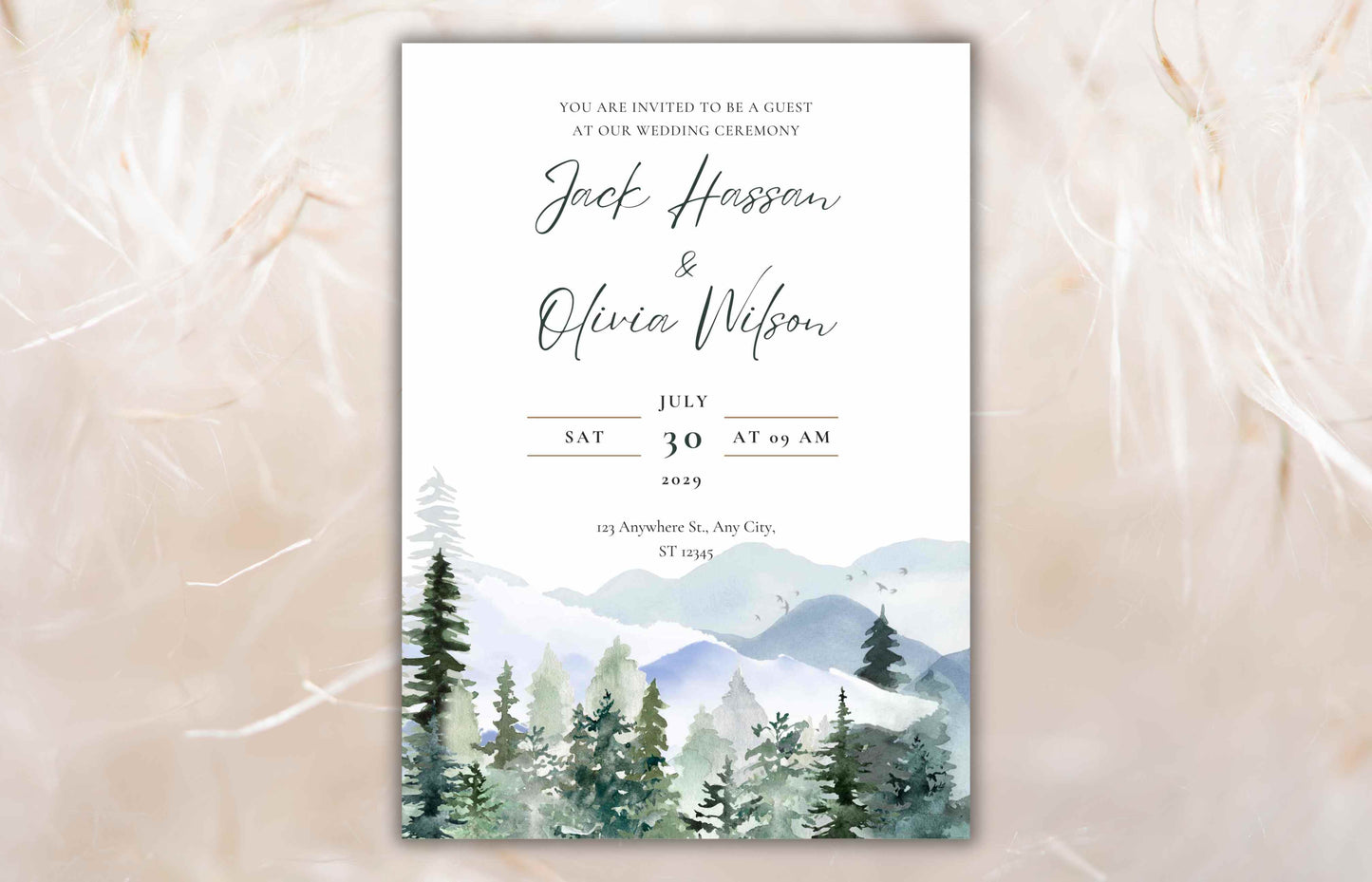 Mountain Wedding Invitation Template Set Pine Tree Wedding Suite, Details Card, Printable RSVP, Outdoor Wedding Invite. WI92