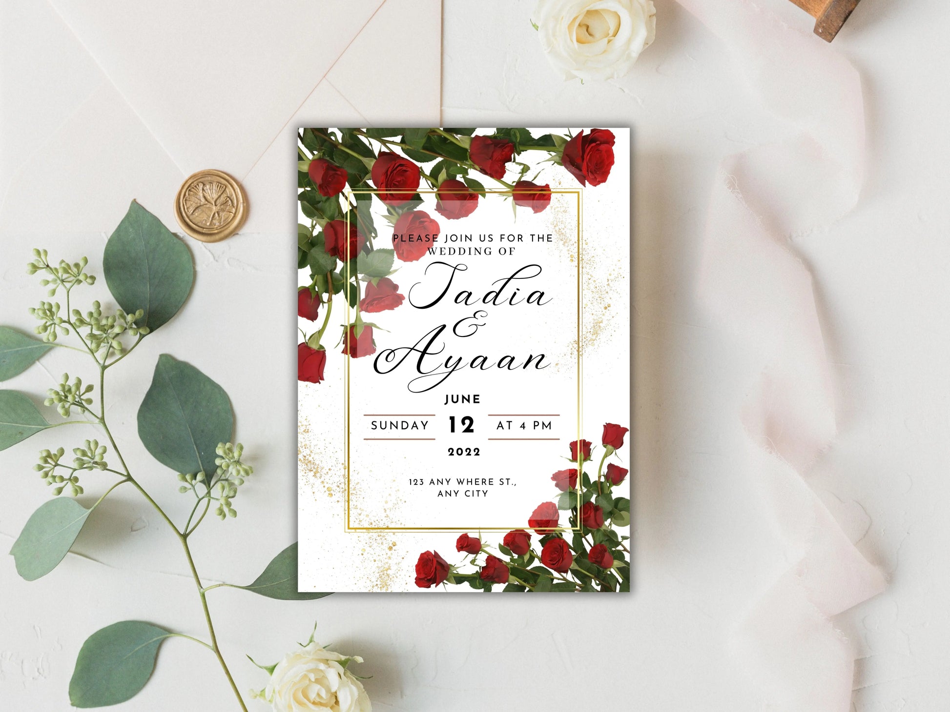 Red Rose Wedding Invitation , dark red floral gold frame border invite, Elegant Red Rose wedding Invitation, ,Shimmey, Editable A1 Majestic