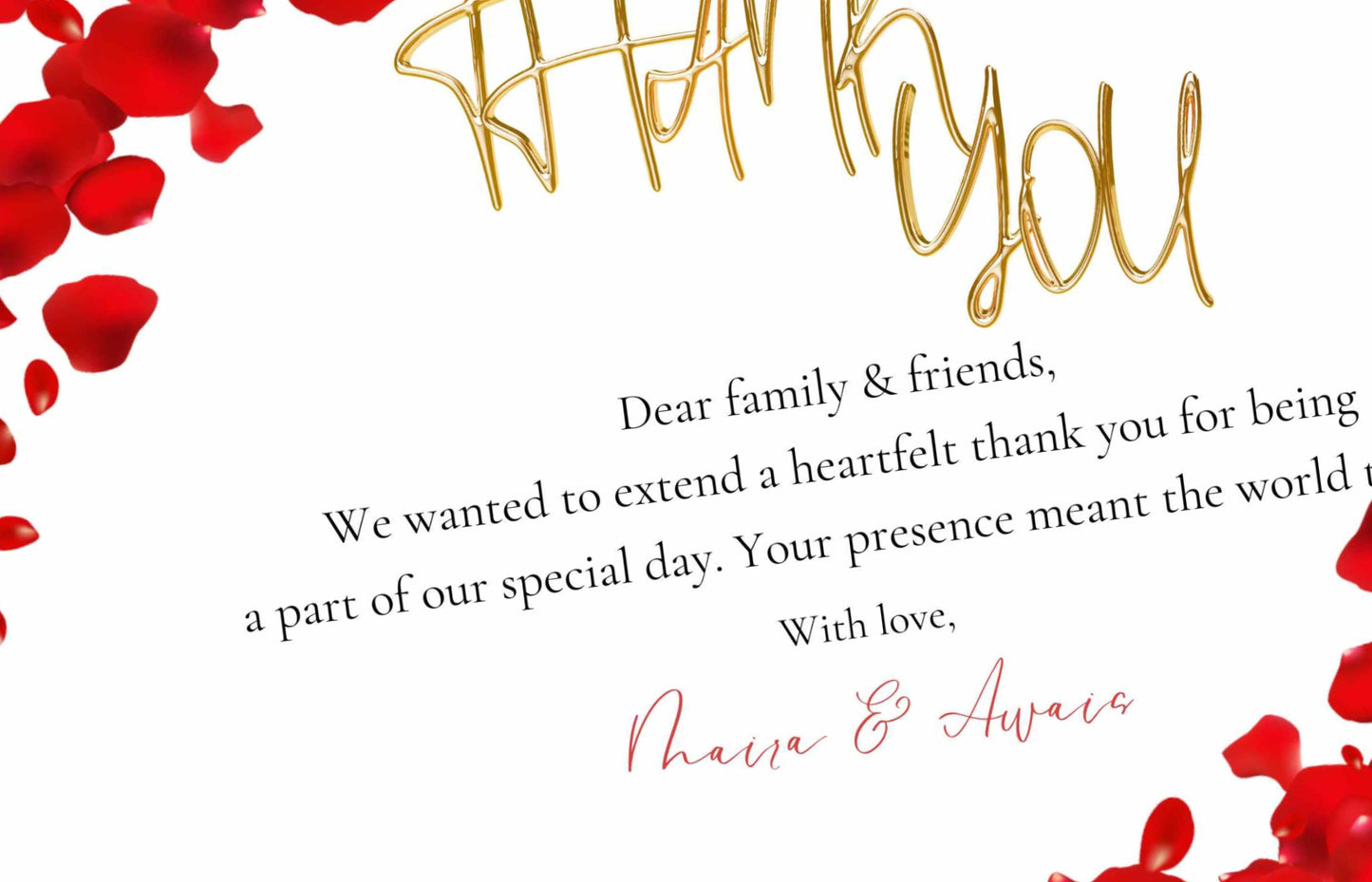 Printable Thank You Card, Editable Red, Gold and White Thank You Note, Red Petals Wedding Sign, Editable Modern Thank You Card. WSB48
