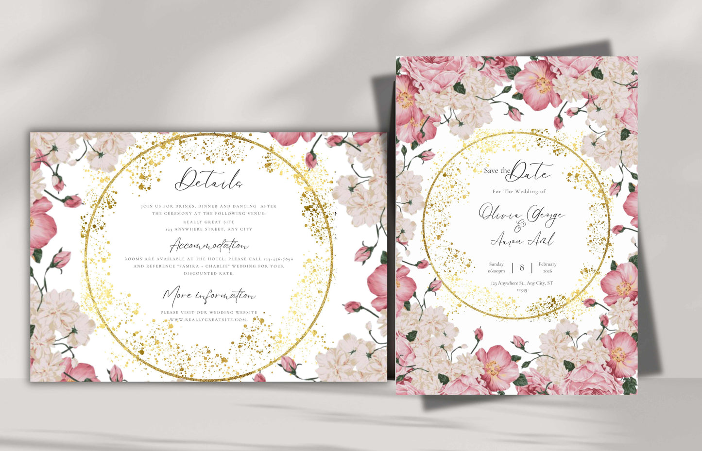 Pink Rose Wedding Invitation, Gold Frame wedding invitation template suite, Editable Rsvp, invitation template, Wedding Invites. WE119