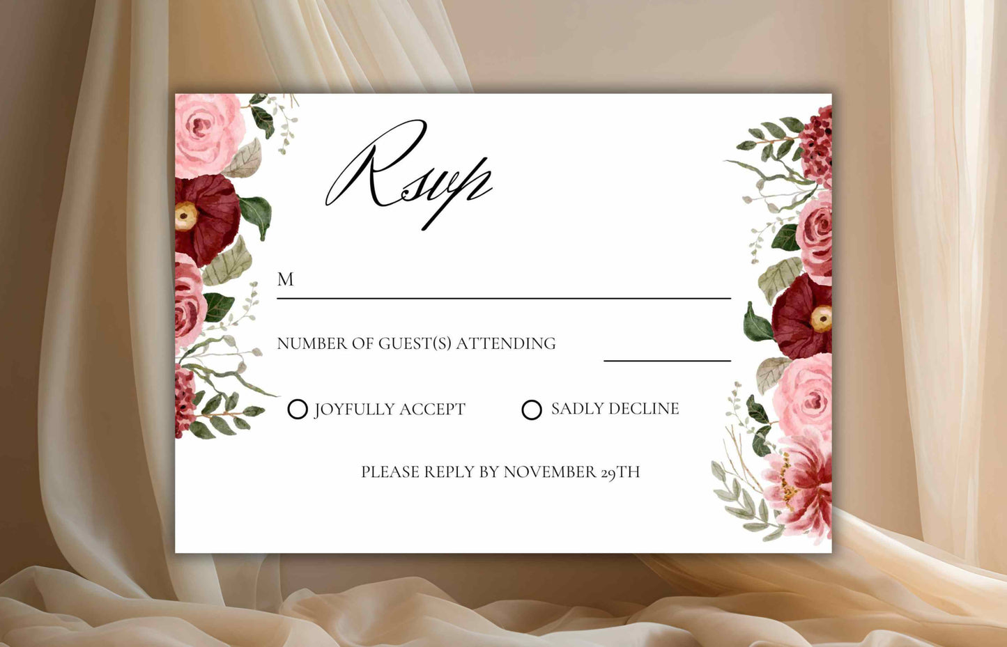 Burgundy Wedding Invitation Template, Wedding Invite Suite, Details Card, Template, Editable Invitation , Printable RSVP, Download. WI95