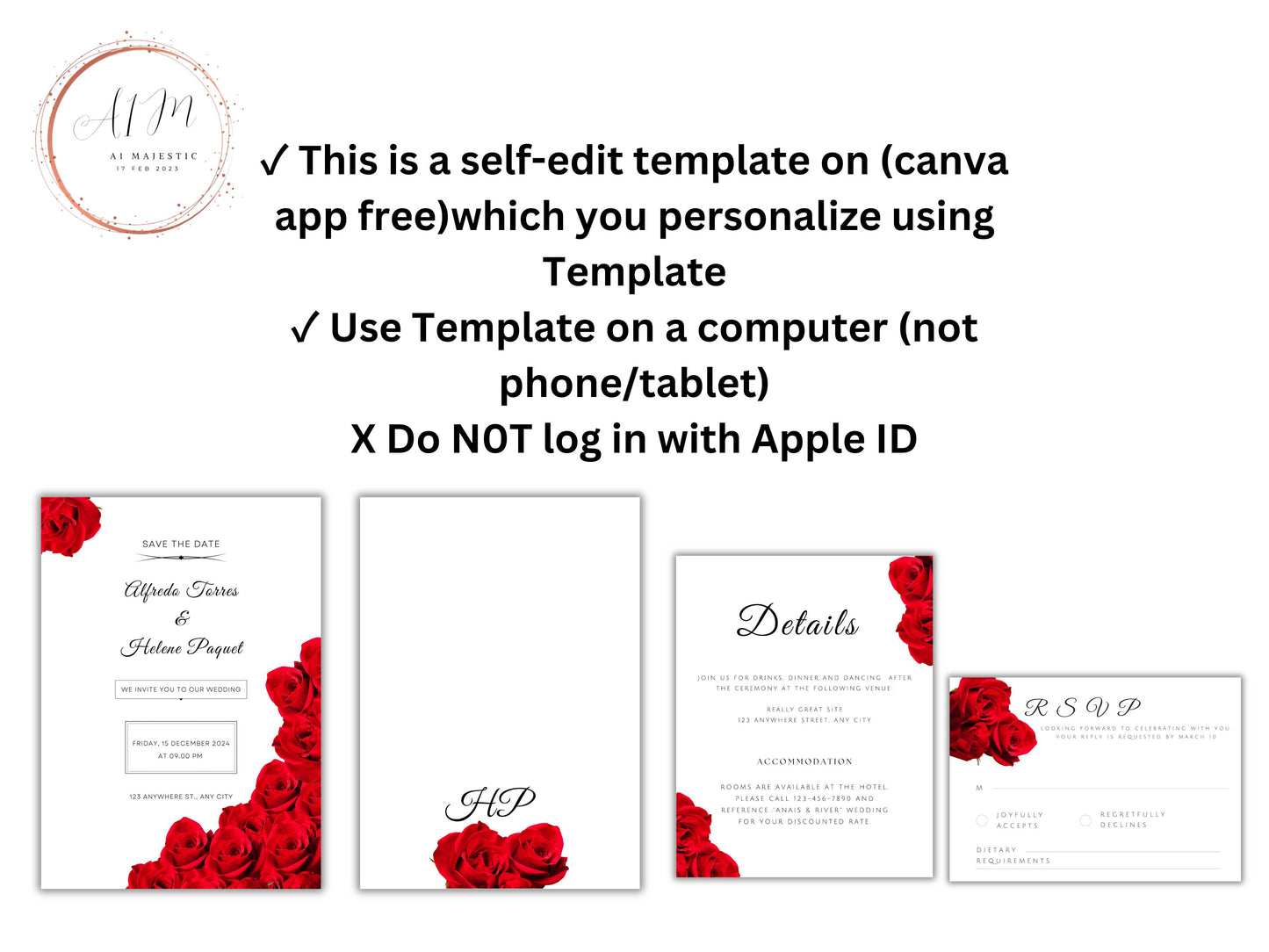 Red Rose Wedding Invitation set, Red Rose RSVP, Dark Red floral, Elegant Red Rose wedding Invitation, Details , Editable,Template. T28