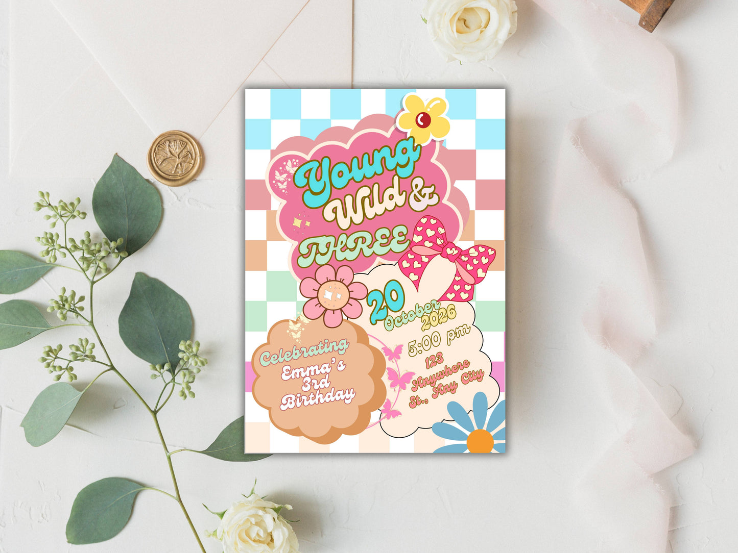 Editable Young wild and three Groovy Birthday Invitation EDITABLE Girl Daisy Rainbow Groovy 3rd Invite Hippie Party Template Instant. WEIB86