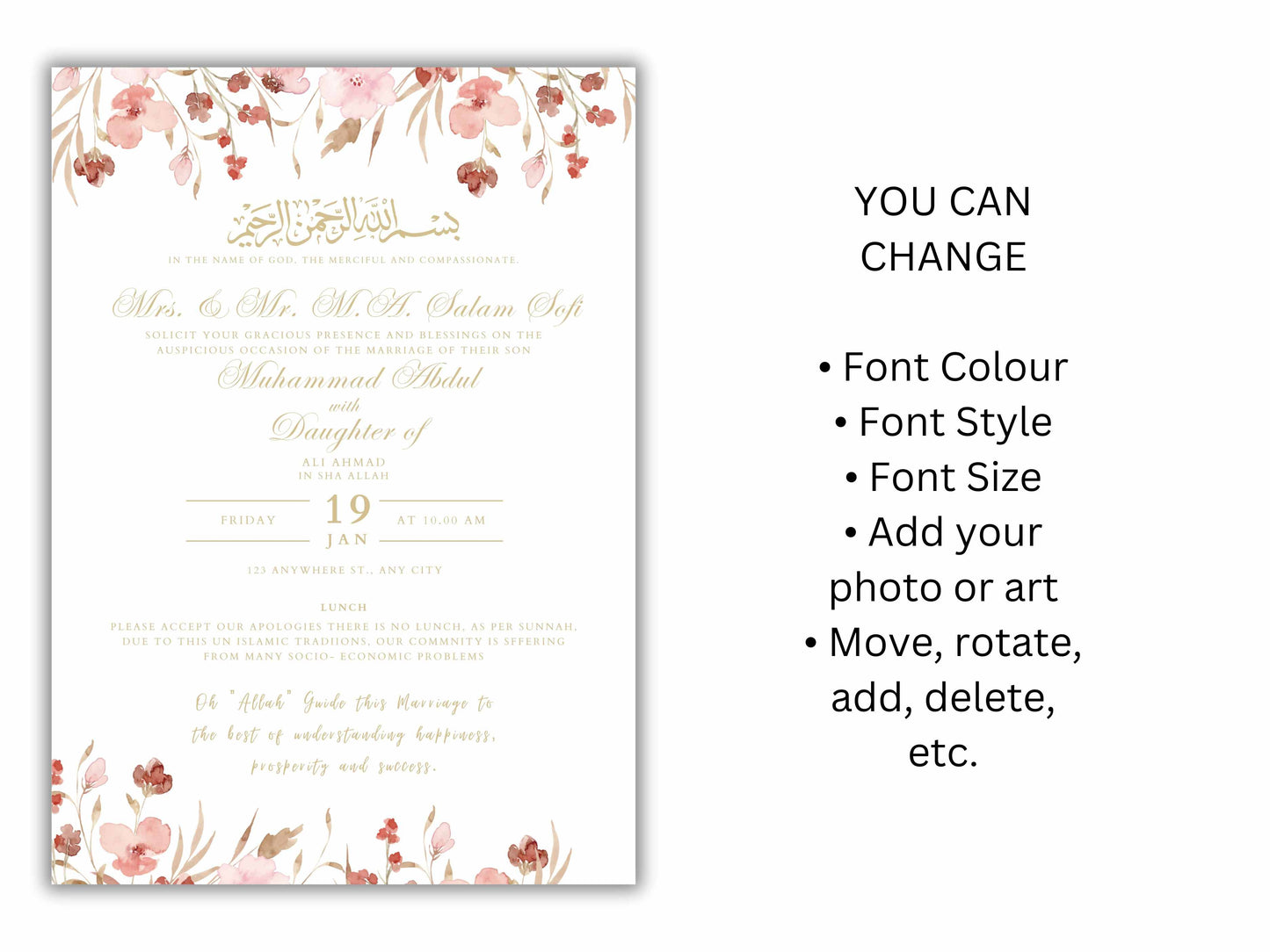 Floral Muslim Wedding Invitation Template, Wedding Card, Muslim Wedding Invitation, Islamic wedding invite, Editable Canva Template. WT37