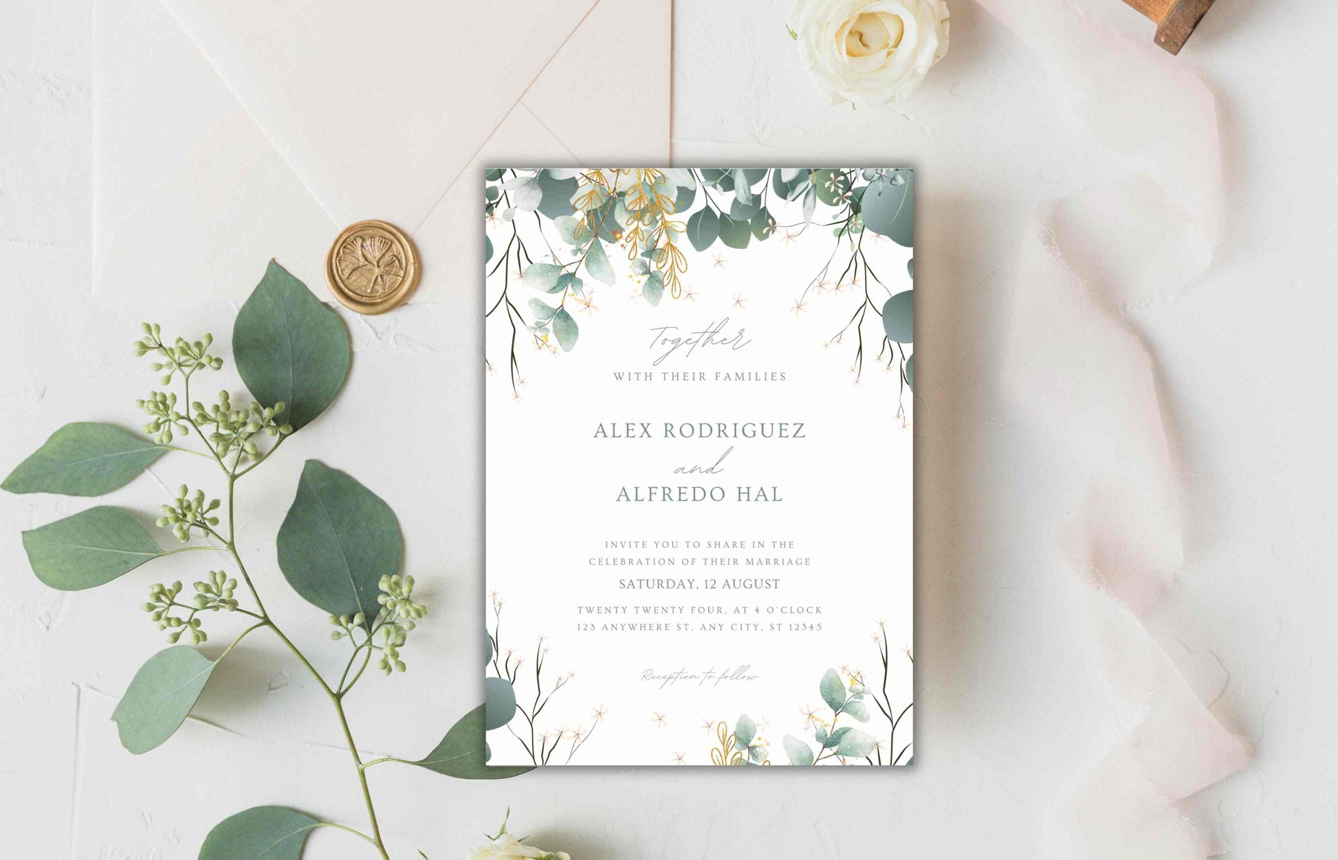Sage Green Wedding Invitation Template, Editable Template, Greenery Eucalyptus Invitation Suite, Wedding Invites Template Editable. WI104 - A1 Majestic