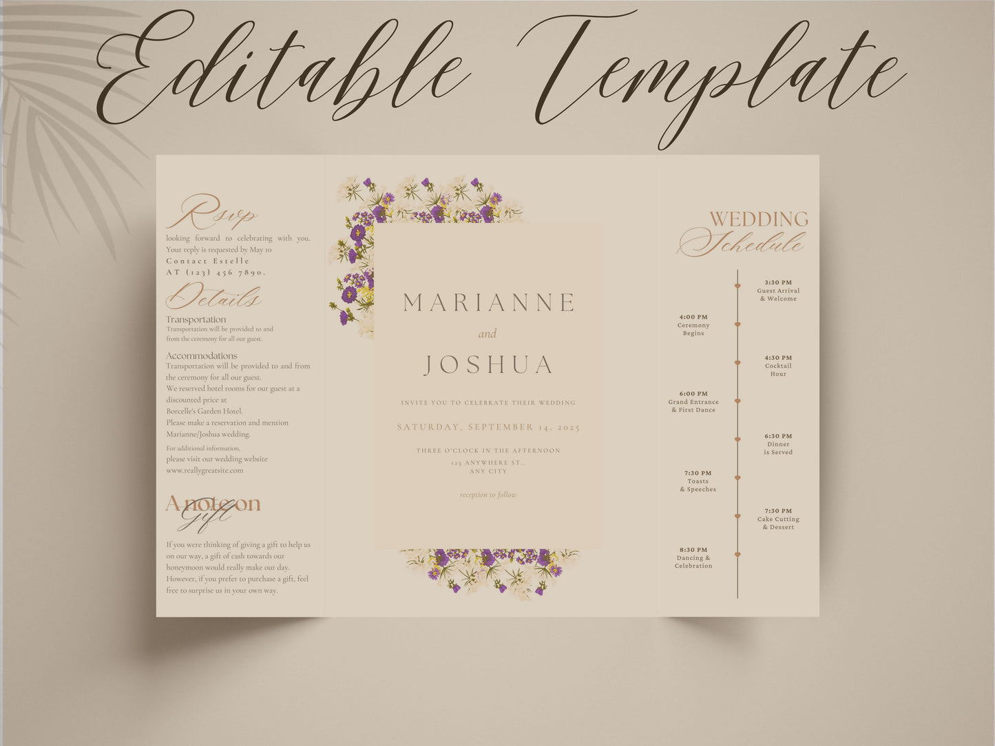Elegant Gatefold Wedding Invitation with Floral Design | Personalized Wedding Card | Schedule Insert | RSVP Details Card Included. WI138