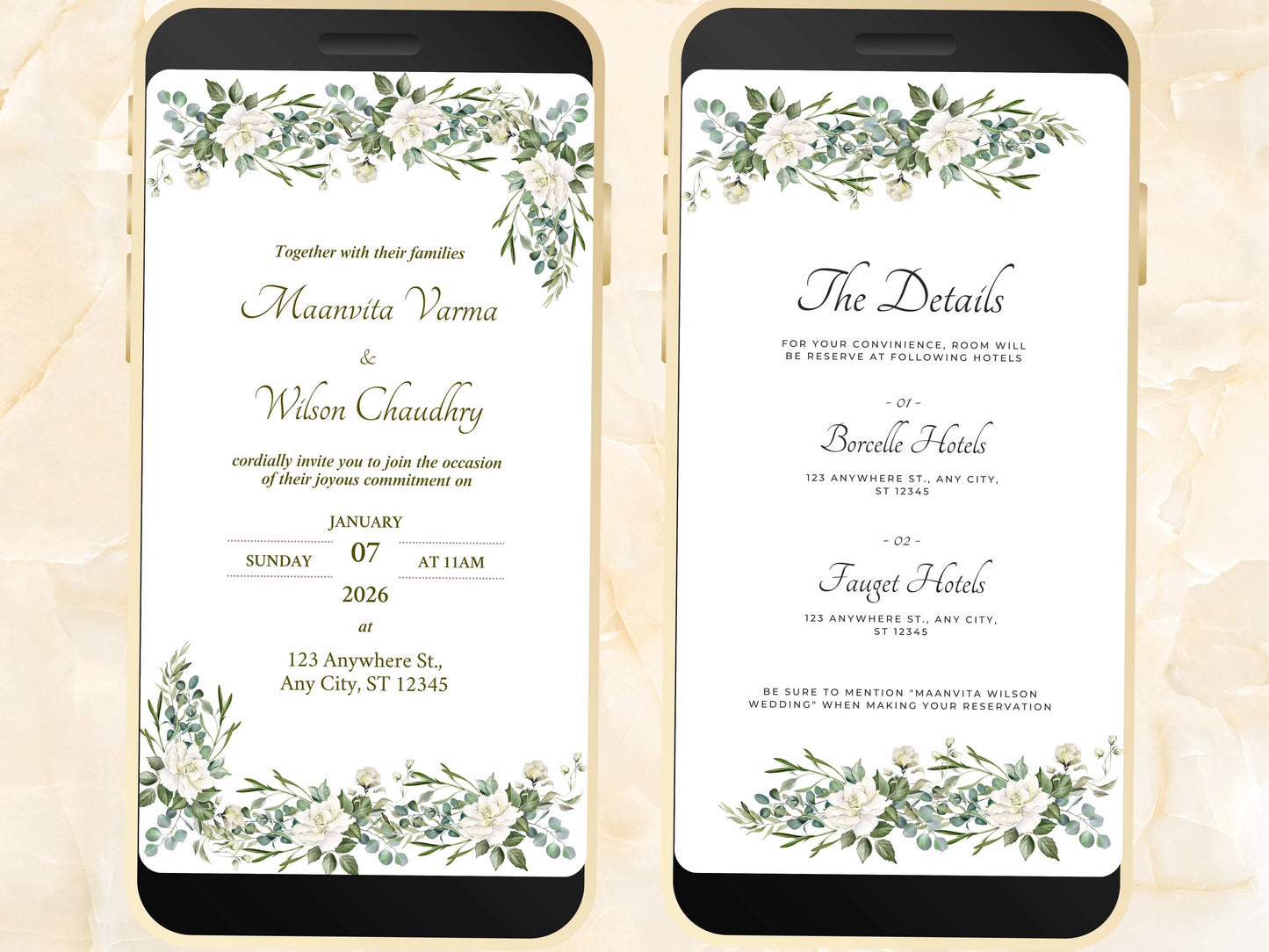 White Wedding Invitation, Online Invitation Template, White E-Invite, RSVP Invitation, Digital White Rose Wedding Invitation. WEIB35
