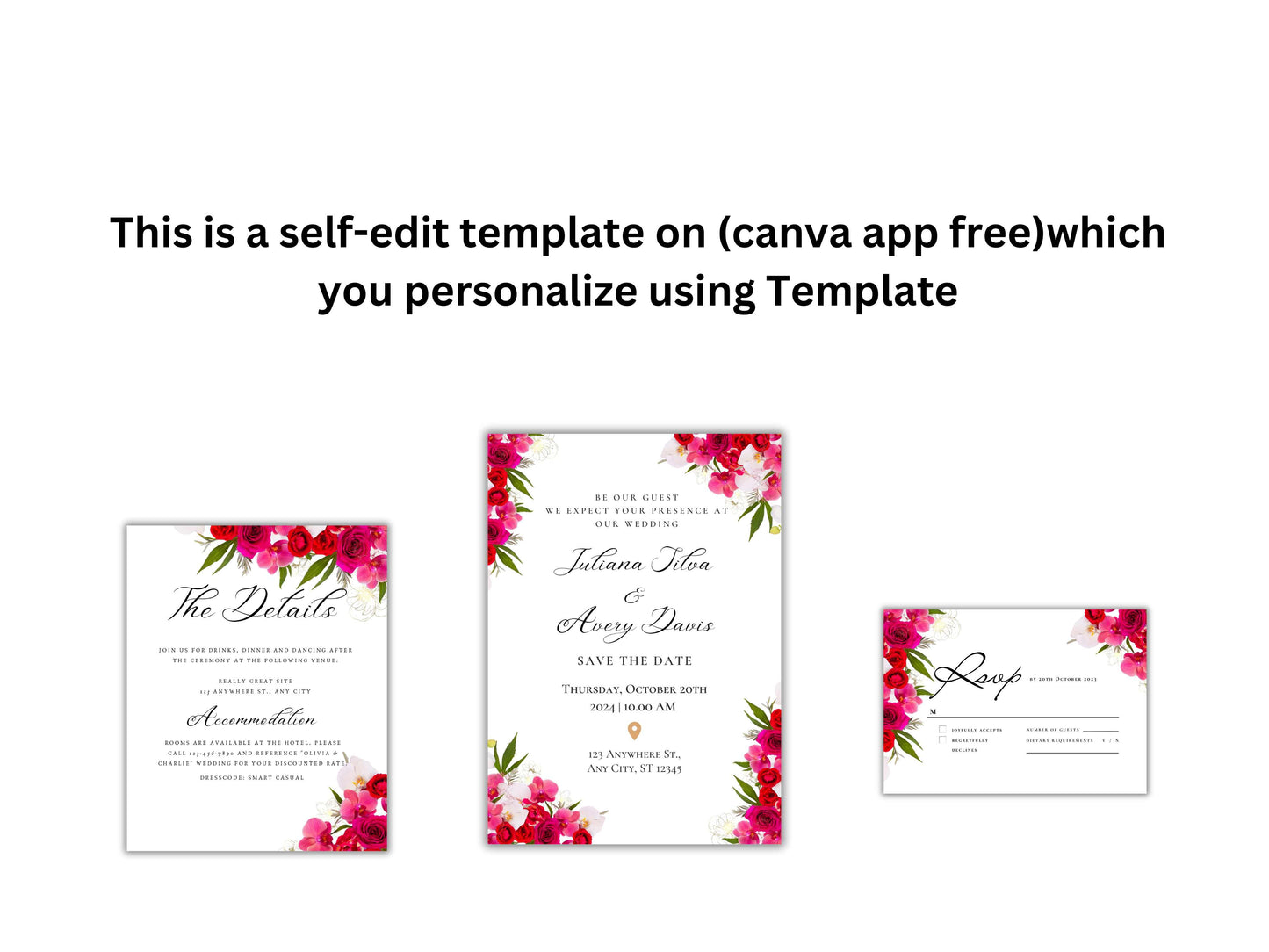 Wedding Invitation Template set, Rose Wedding Template, Wedding Invitation, Floral Invitation, Editable Wedding, RSVP, Details. 27