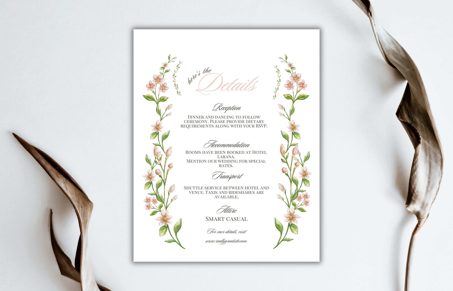 Ribbon Bow Wedding invitation Pink Green floral wedding invite, Spring summer wedding invitation suite, RSVP, Details Card, Editable WIB82