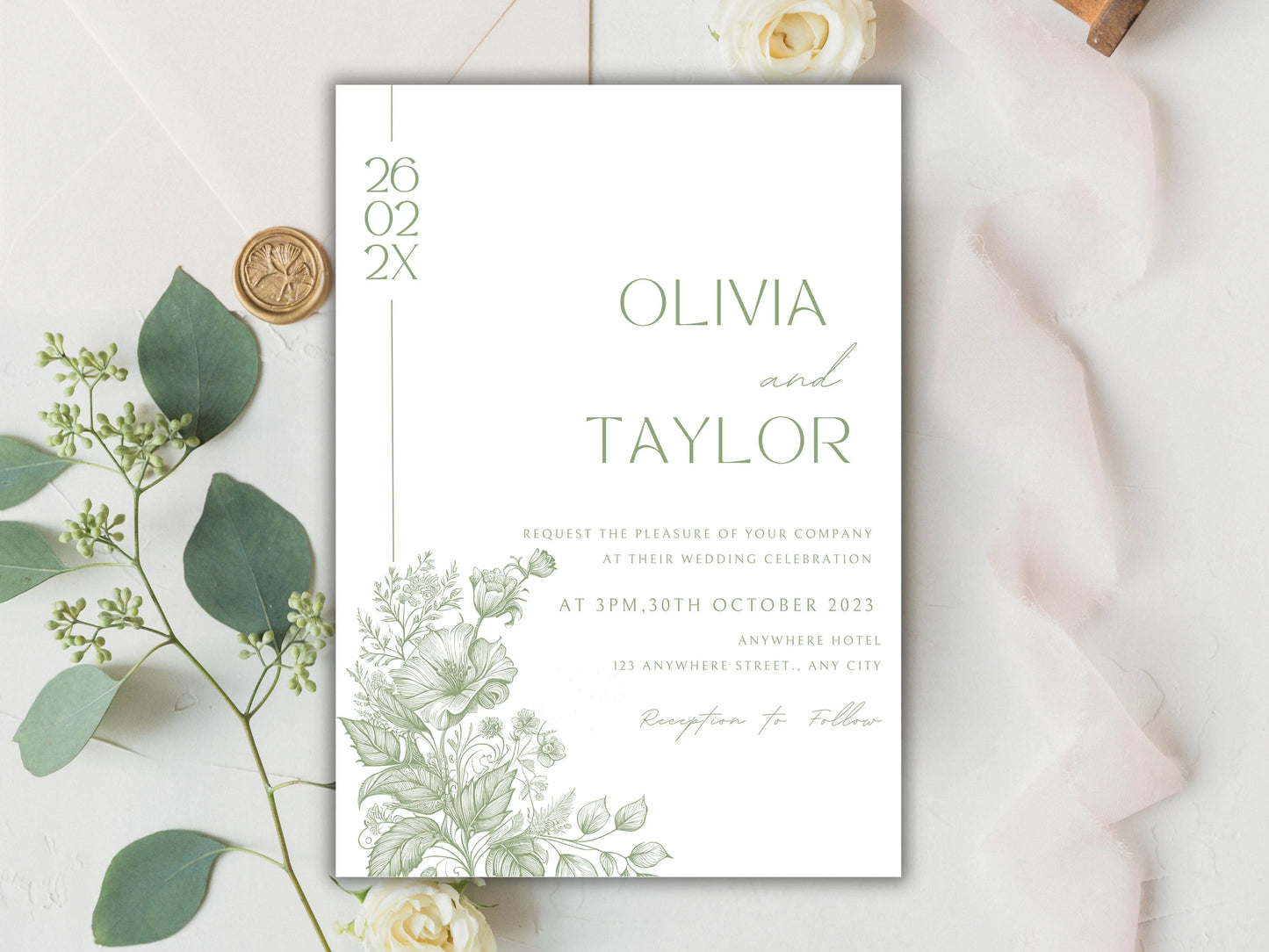 Sage Green Wedding Invitation Suite with Menu Card, Editable Wedding invite, Minimal Invite, Simple Editable Invite Template. WT56 A1 Majestic