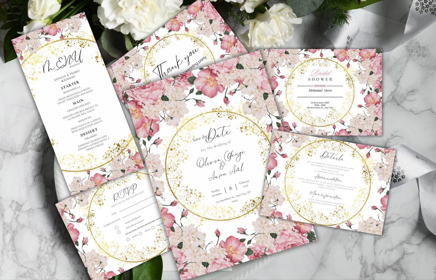 Pink Rose Wedding Invitation Bundle, RSVP, Thank You Card, Pink Rose Bridal Shower, Floral Suite, Party Menu, Details Card, Template, WB2