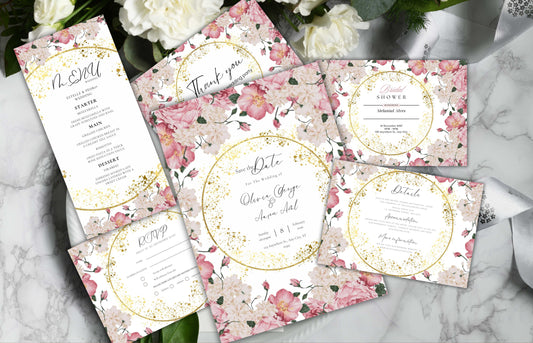 Pink Rose Wedding Invitation Bundle, RSVP, Thank You Card, Pink Rose Bridal Shower, Floral Suite, Party Menu, Details Card, Template, WB2