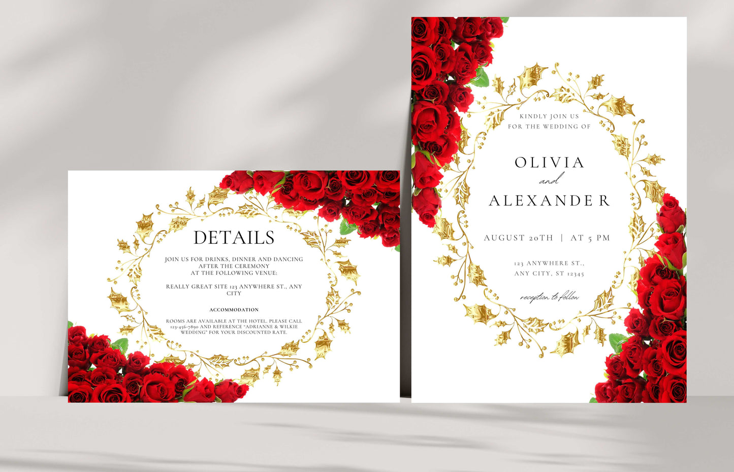 Red Rose Wedding Invitation Gold Frame set, Red Rose Wedding Invitation, Red Roses Wedding Invitation set, Editable Rsvp, Detail Card. WI121