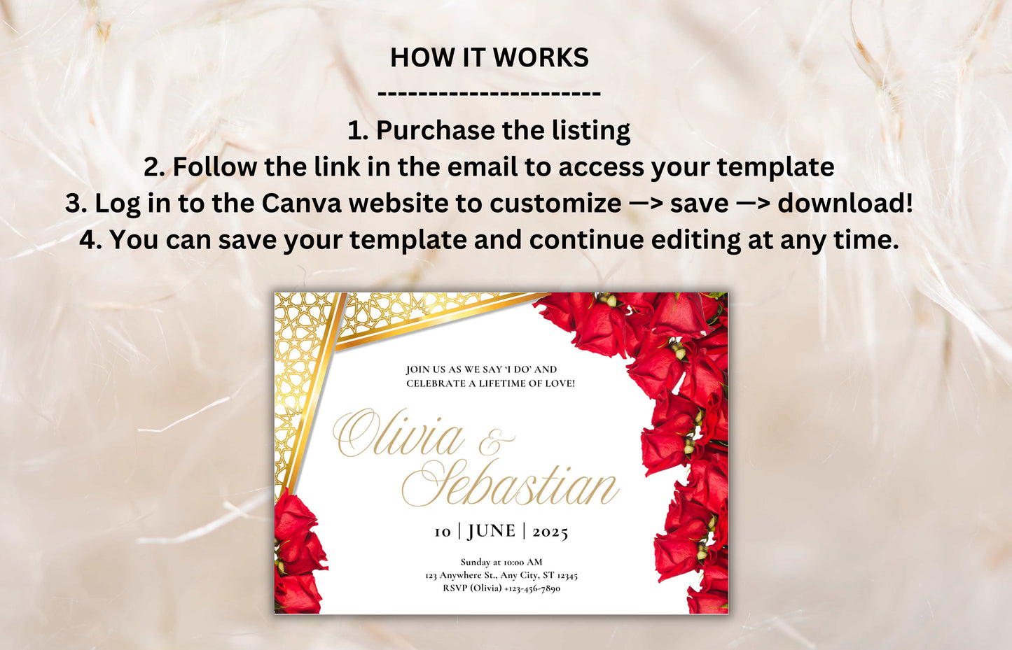 Elegant Red Roses Wedding Invitation - Editable Digital Template for Print - Customizable Romantic Wedding Invitation. WIB74