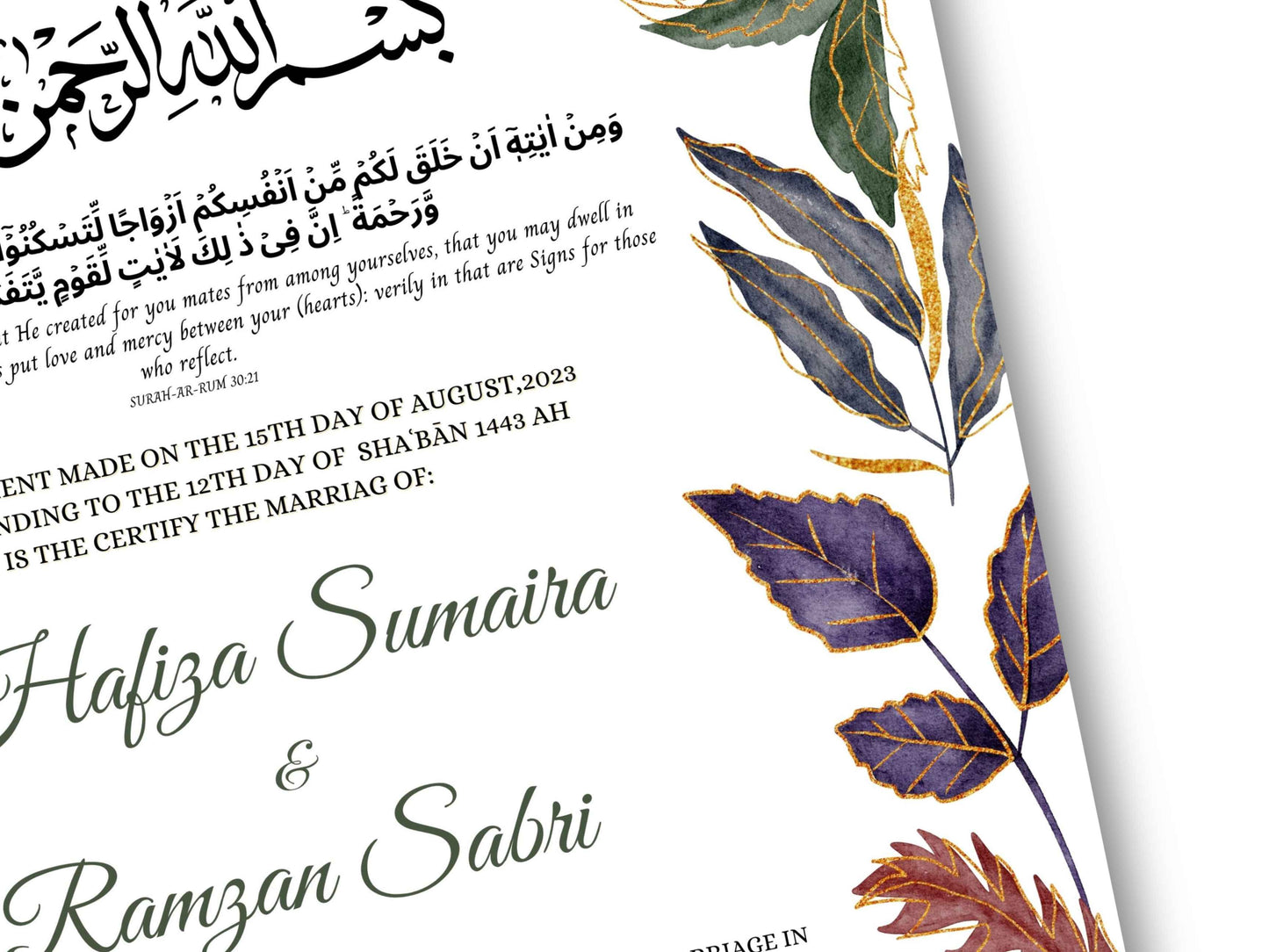 Nikkah Certificate Digital Download Personalised, A4, A3, Template, Editable, Nikkah Contract, Muslim Contract. NN232