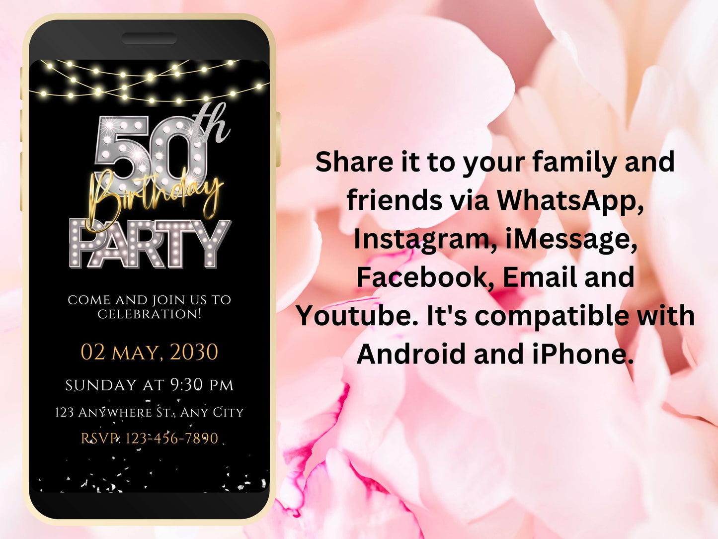 Digital 50th Birthday Party Invitation Video Template, Editable Invite, Women’s Birthday Animated Canva Evite, Online Invitation, WEIB64